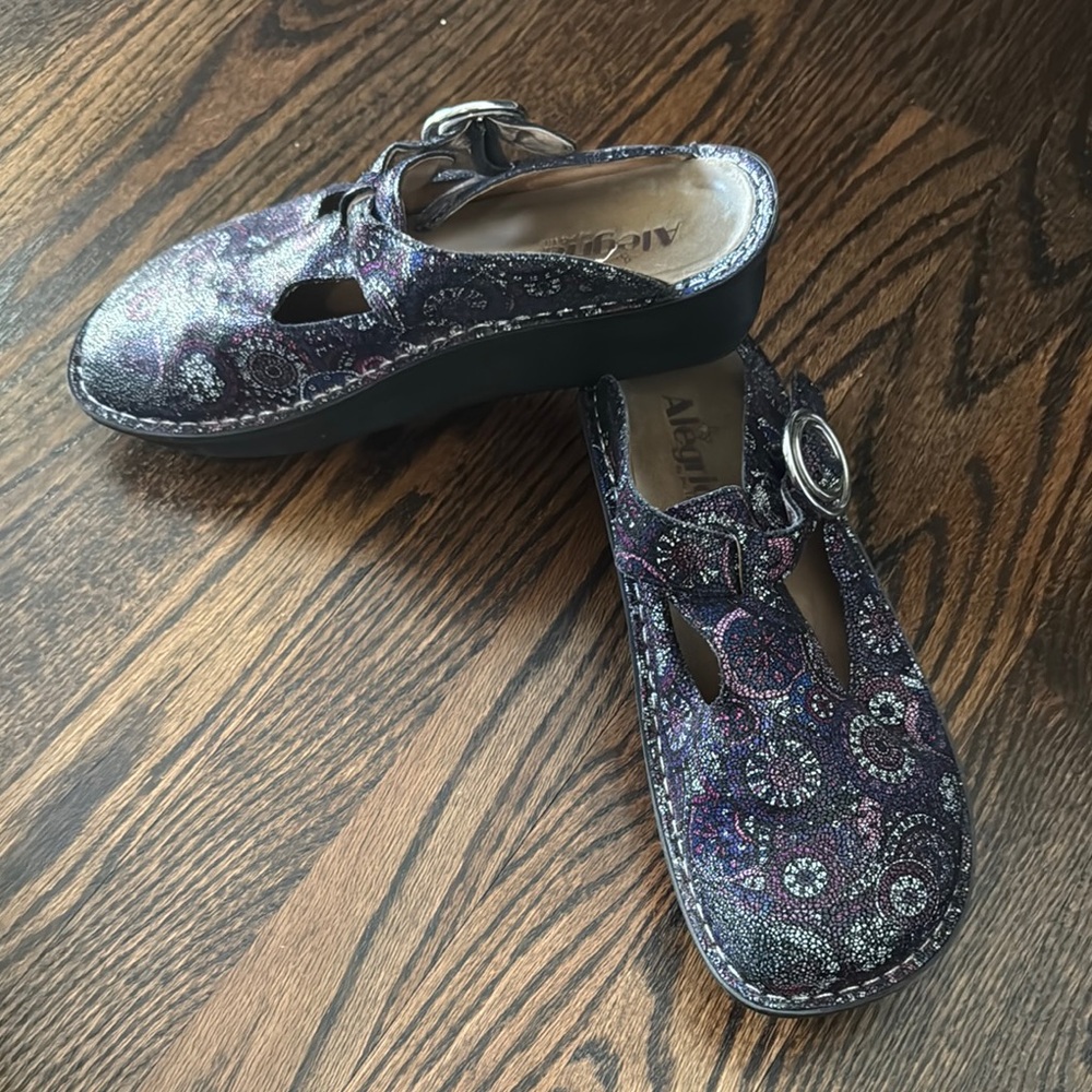 Alegria Purple Mules and Clogs with Paisley Pattern